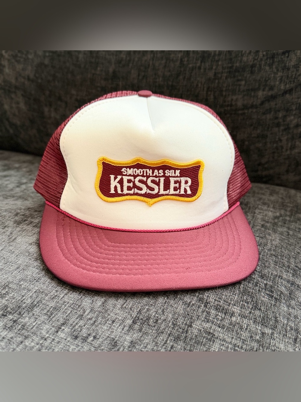 VTG 80s Kessler Whiskey Trucker Hat Mesh Cap Smooth As Silk Maroon Red Retro